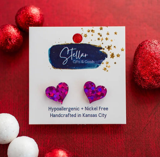 Fuchsia Glitter Heart Stud Earrings