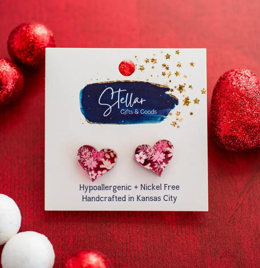 Pink Floral Heart Stud Earrings