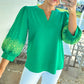 Kelly Green Embroidered Balloon  Sleeve Blouse