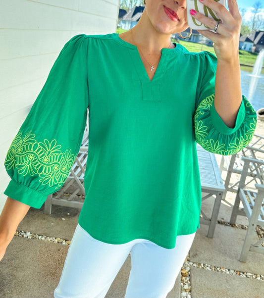 Kelly Green Embroidered Balloon  Sleeve Blouse