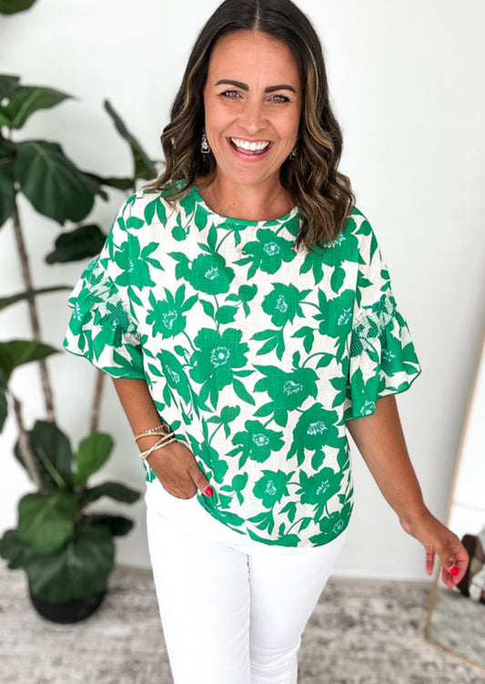Irish Garden Floral Smocked Sleeve Blouse