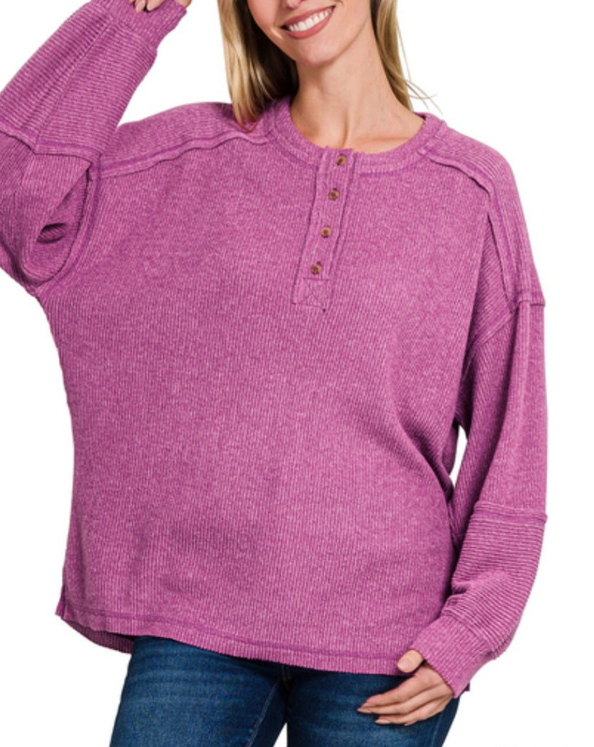 Ribbed Hacci Button Neck Pullover in Lt Plum