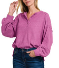 Ribbed Hacci Button Neck Pullover in Lt Plum