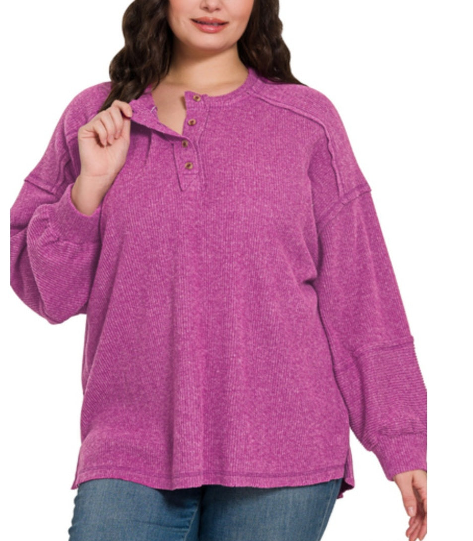 Ribbed Hacci Button Neck Pullover in Lt Plum