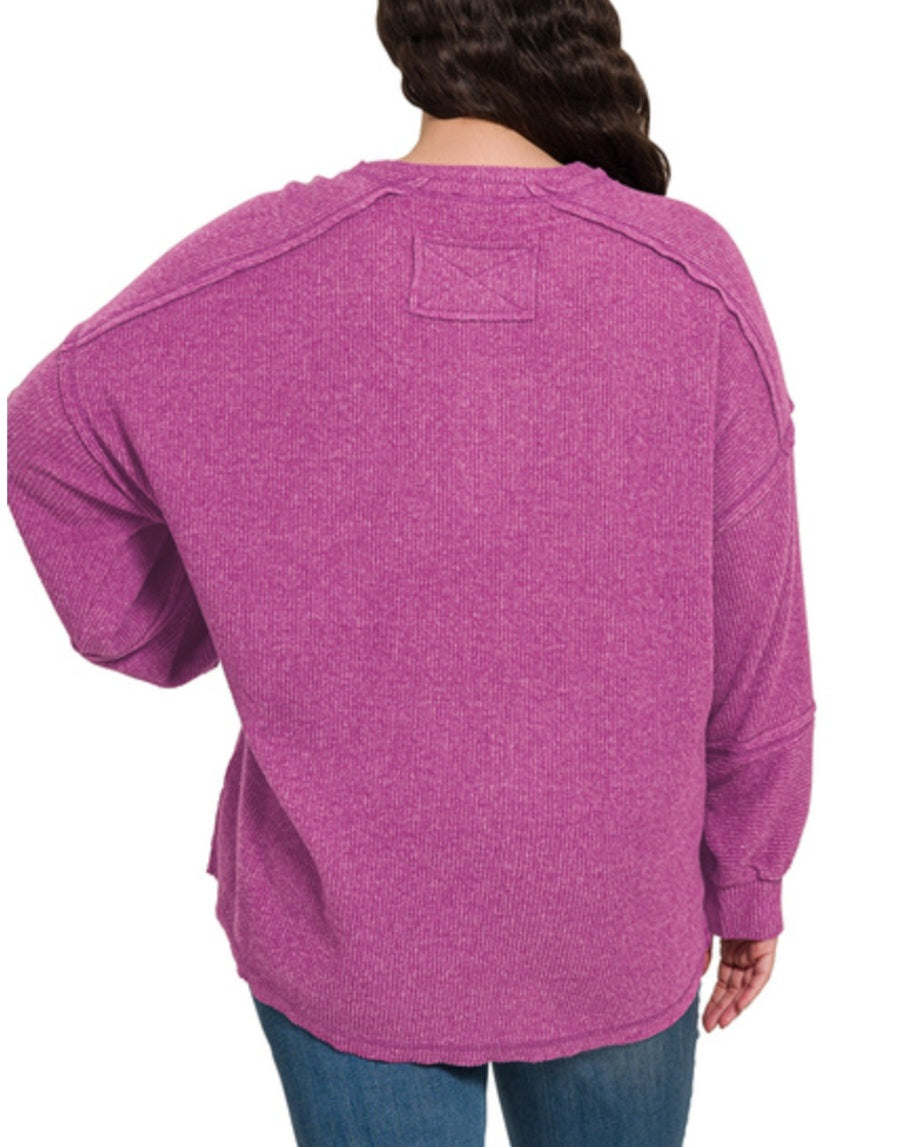 Ribbed Hacci Button Neck Pullover in Lt Plum