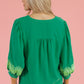 Kelly Green Embroidered Balloon  Sleeve Blouse