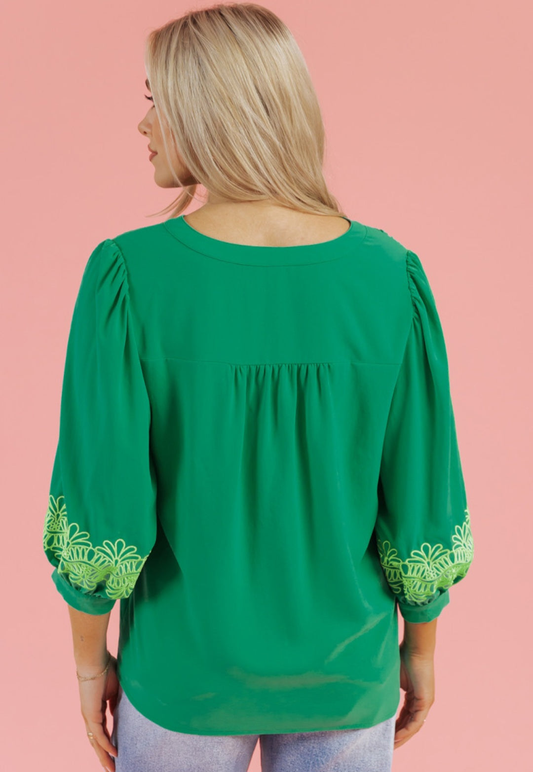 Kelly Green Embroidered Balloon  Sleeve Blouse