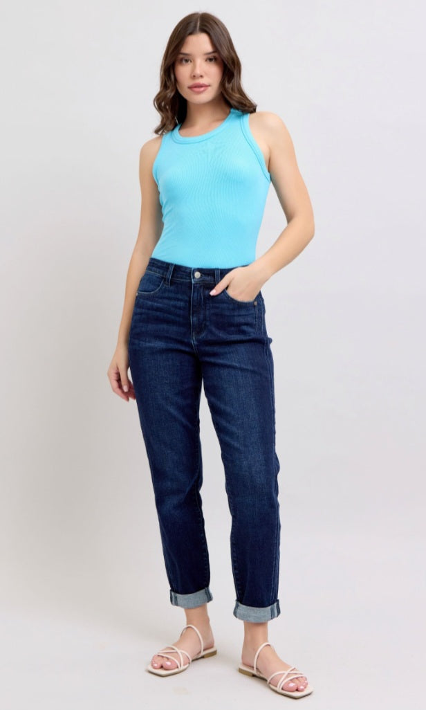 Judy Blue Mid-Rise Side Panel Boyfriend Dark Wash