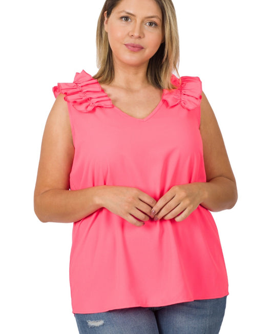 Woven Ruffle Shoulder Tank Neon Coral