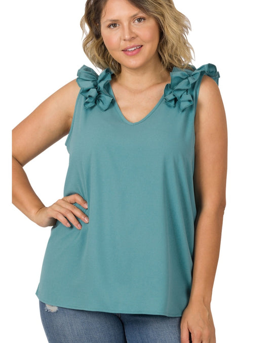 Woven Ruffle Shoulder Tank Dusty Teal