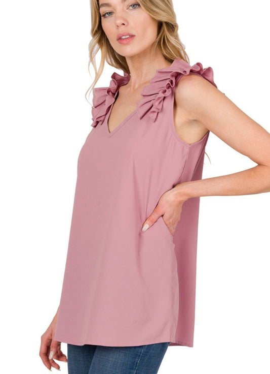 Woven Ruffle Shoulder Tank Lt Rose