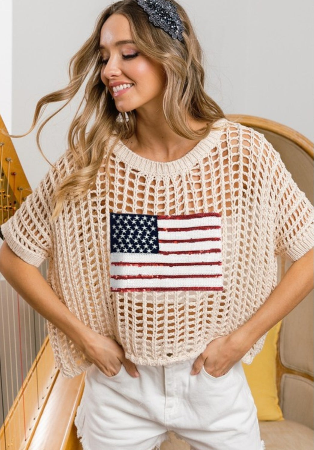 Sequin Flag Crochet Sweater