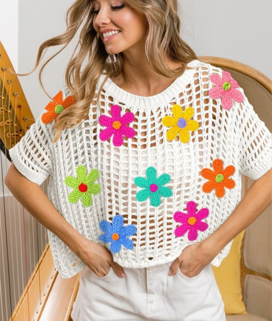 Big Flower Crochet Sweater Ivory
