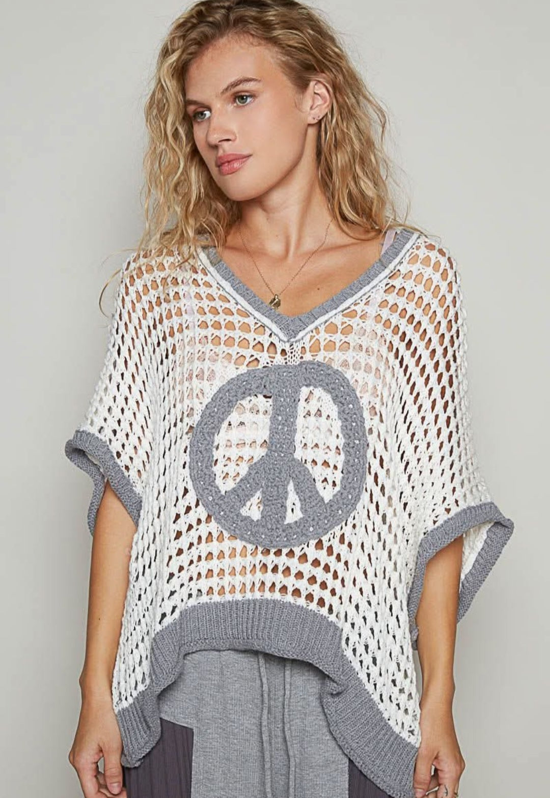 POL Crochet Peace Sweater White/Grey