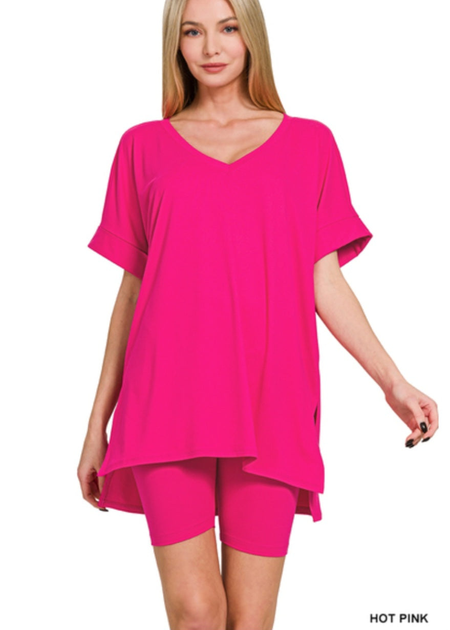 Zenana Brushed DTY Lounge Set Hot Pink