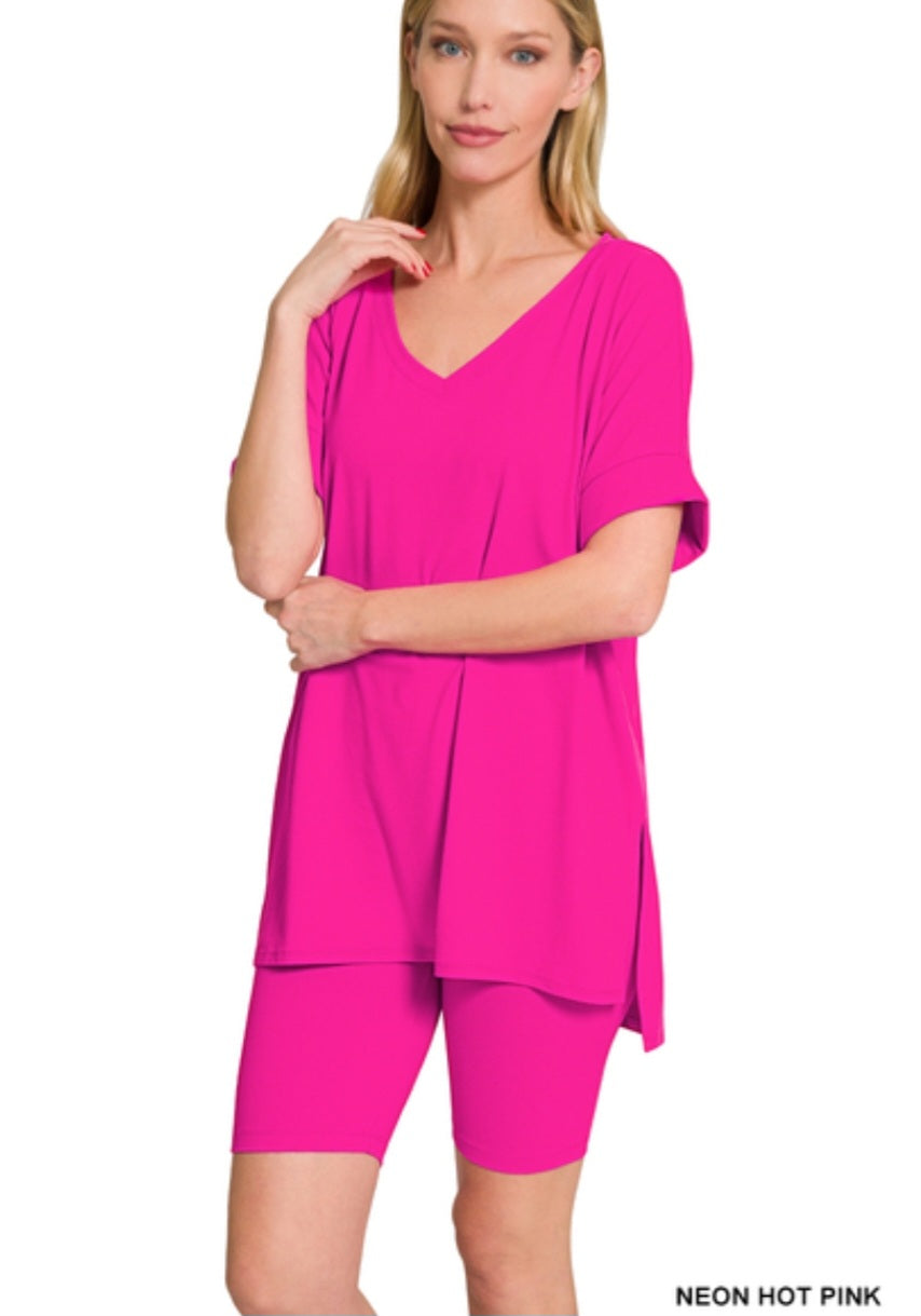 Zenana Brushed DTY Lounge Set Neon Hot Pink