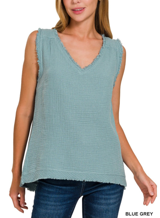 Double Gauze Cotton Tank Top Blue Grey