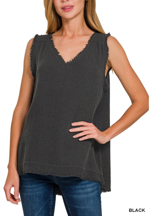 Double Gauze Cotton Tank Top Black