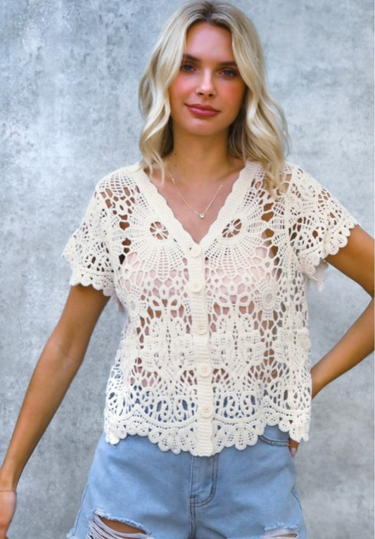 Crochet Sweetheart Button Cardigan Natural