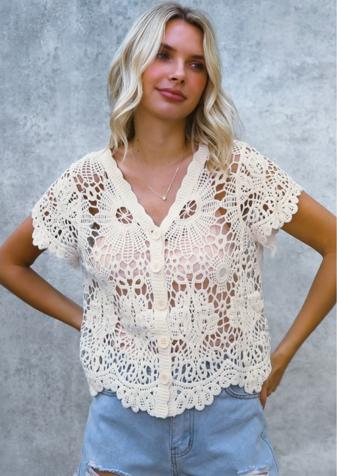 Crochet Sweetheart Button Cardigan Natural