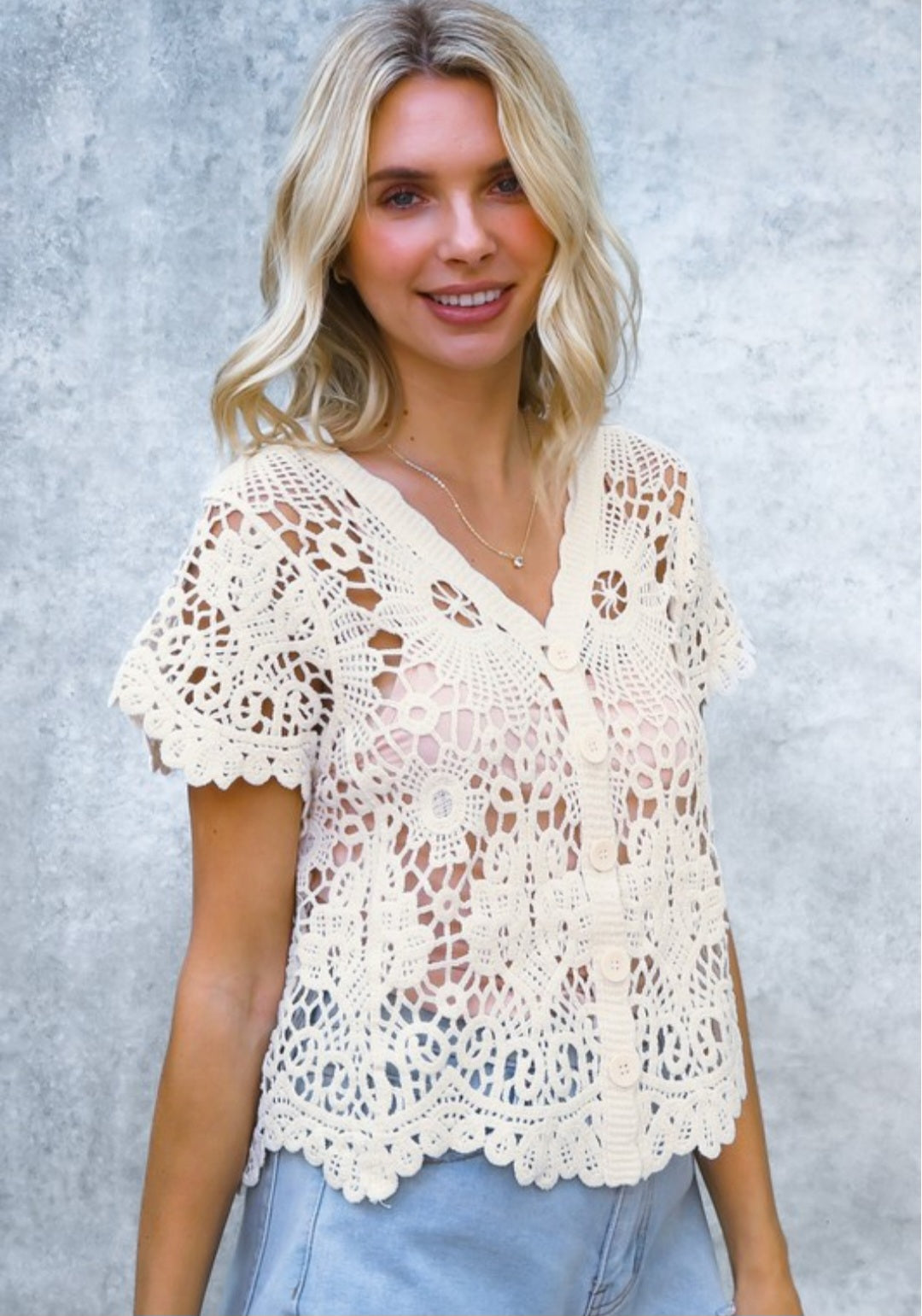 Crochet Sweetheart Button Cardigan Natural