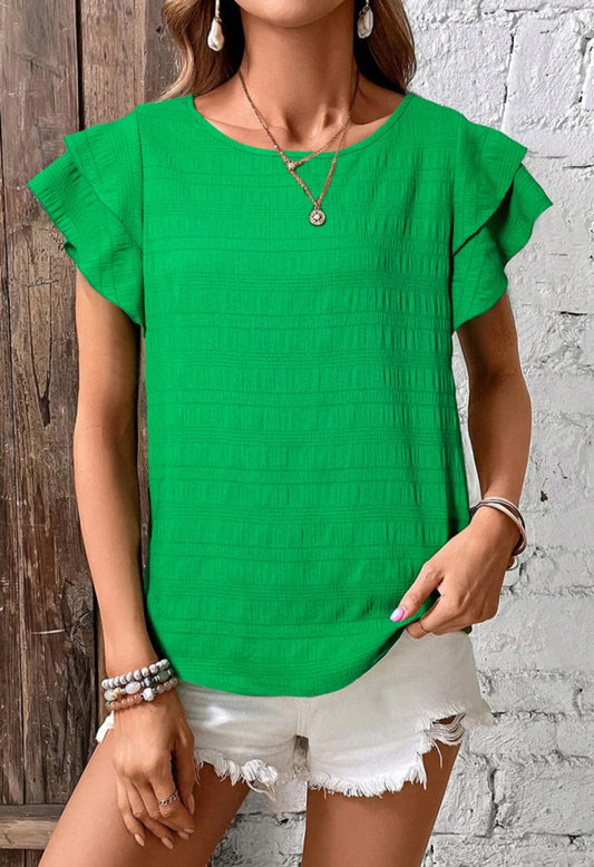 Textured Flutter Sleeve Top Green
