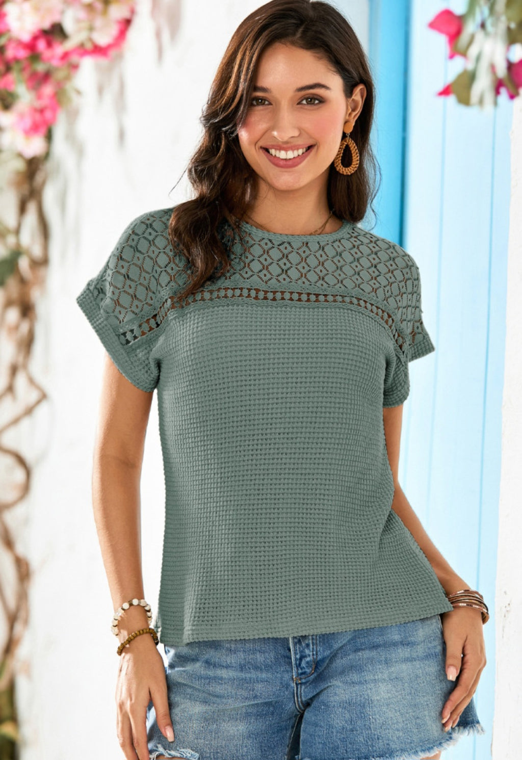 Mist Green Crochet Waffle Top
