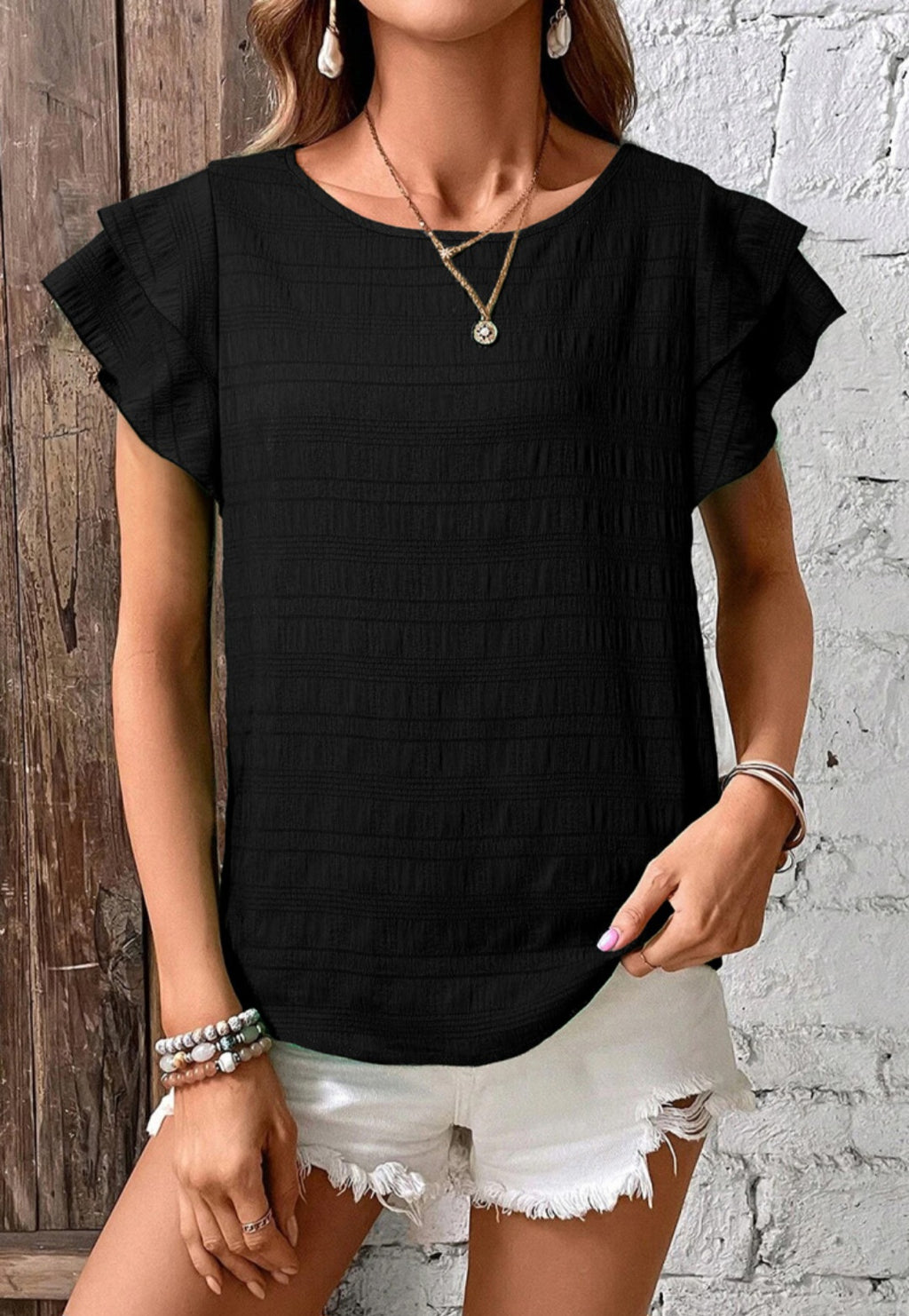 Textured Flutter Sleeve Top Black
