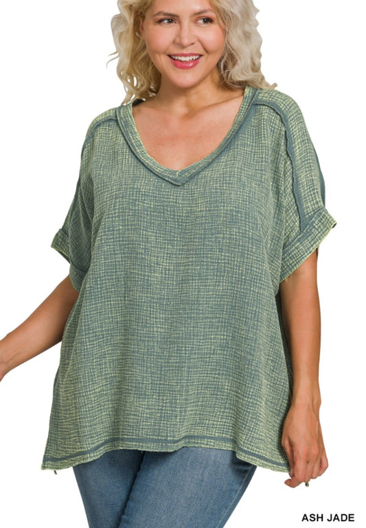 Double Gauze Plus V-Neck Tunic Ash Jade