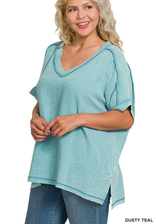 Double Gauze Plus V-Neck Tunic Dusty Teal