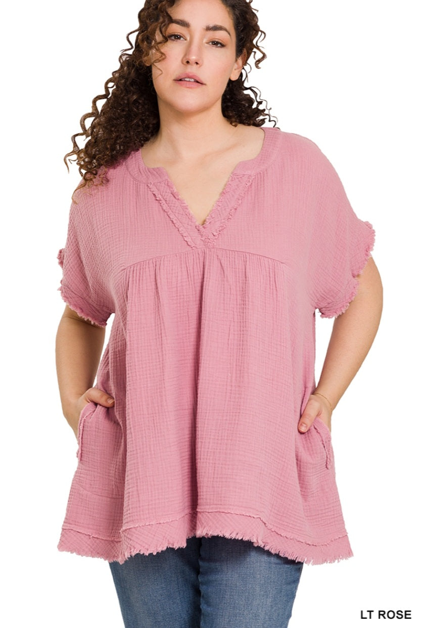 Double Gauze Plus V-Neck Babydoll Tunic Lt Rose