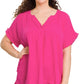 Double Gauze Plus V-Neck Babydoll Tunic Fuchsia