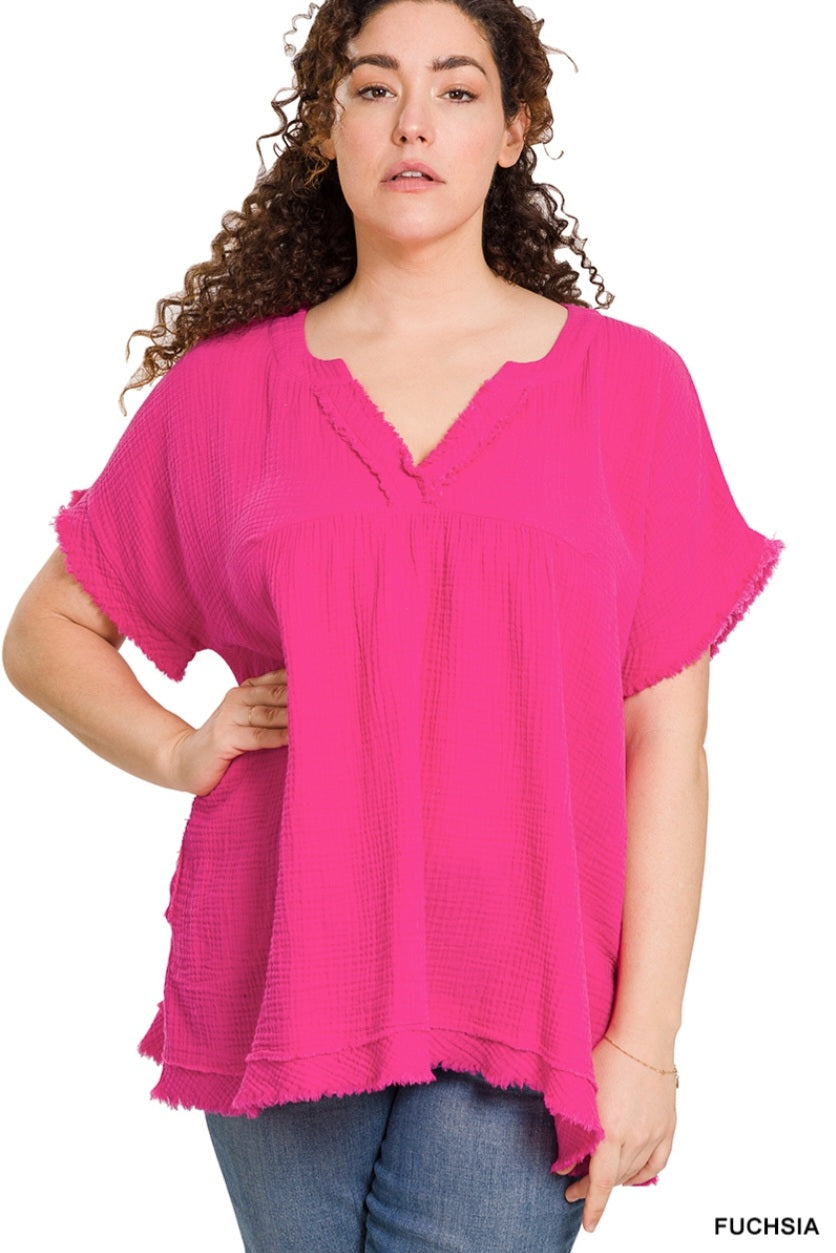 Double Gauze Plus V-Neck Babydoll Tunic Fuchsia