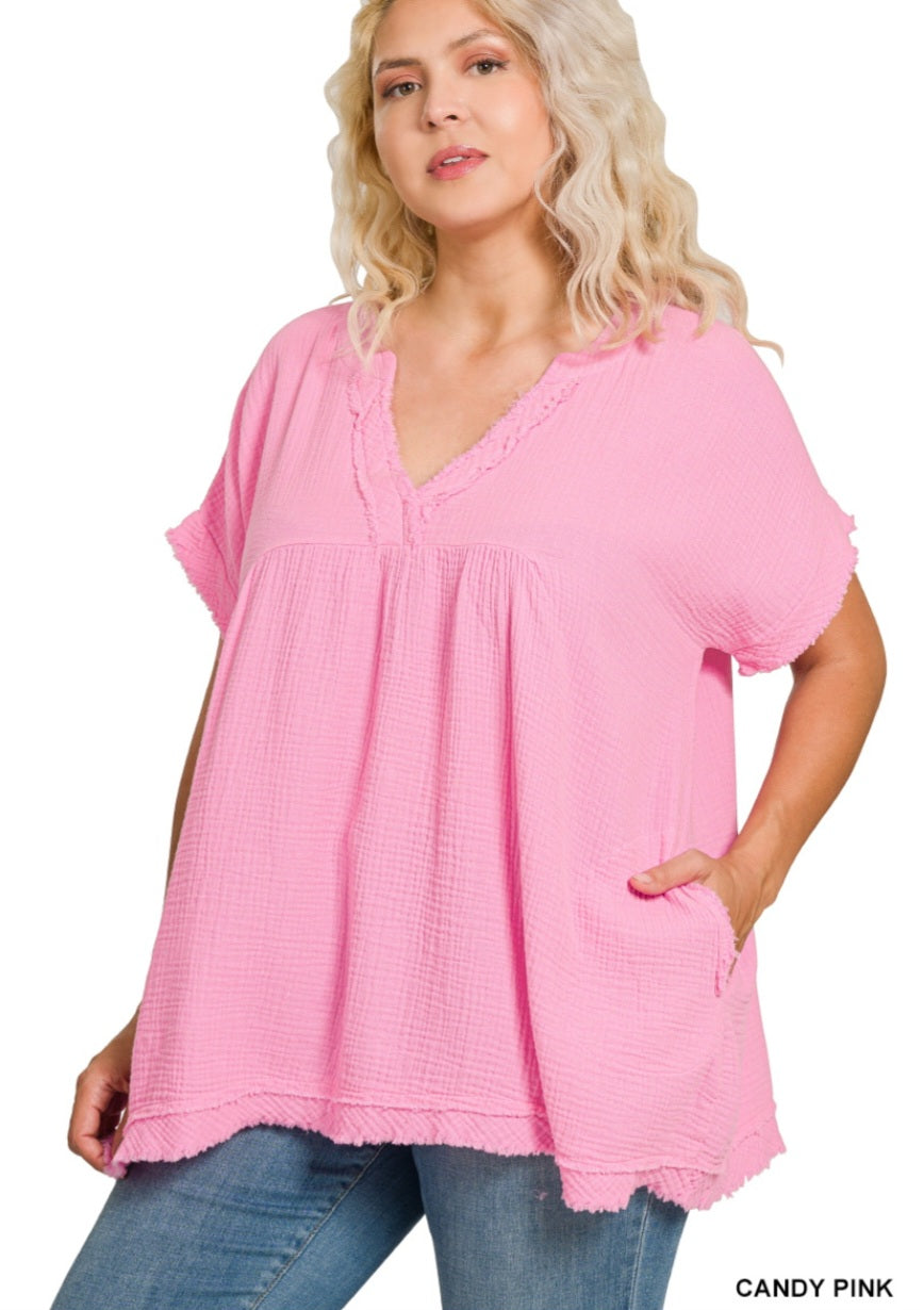 Double Gauze Plus V-Neck Babydoll Tunic Candy Pink