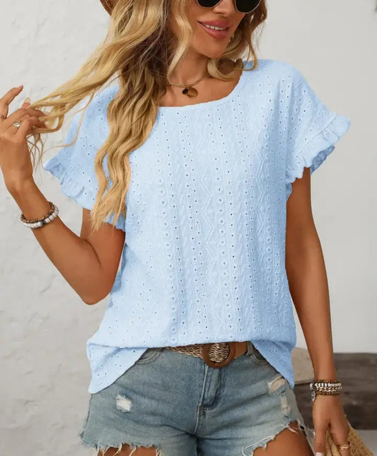 Eyelet Ruffle Sleeve Everyday Top Lt Blue