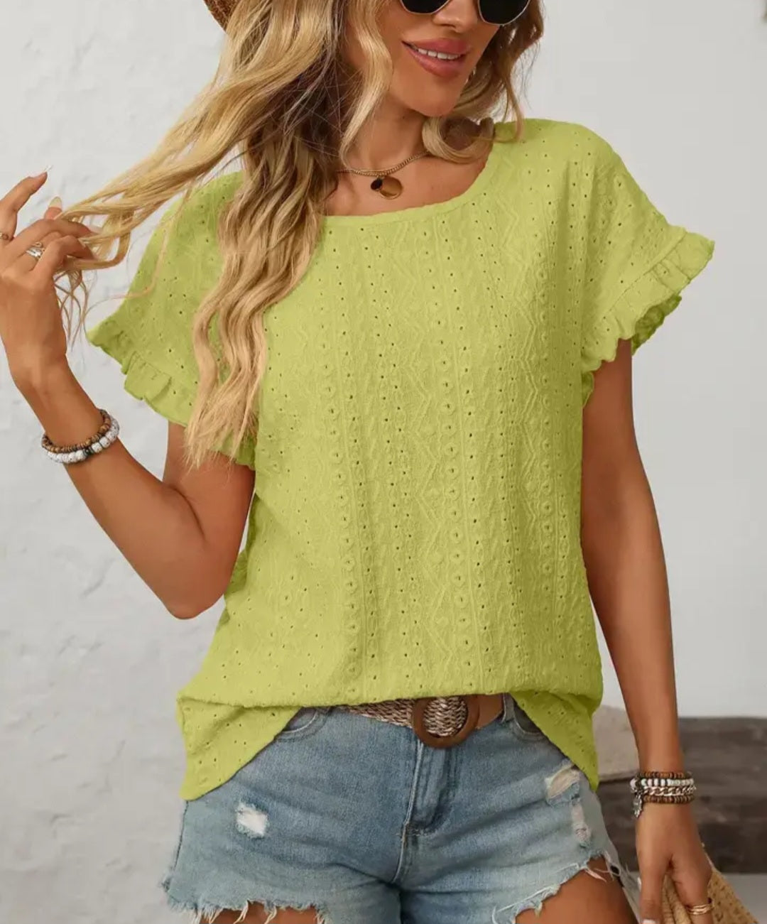 Eyelet Ruffle Sleeve Everyday Top Kiwi