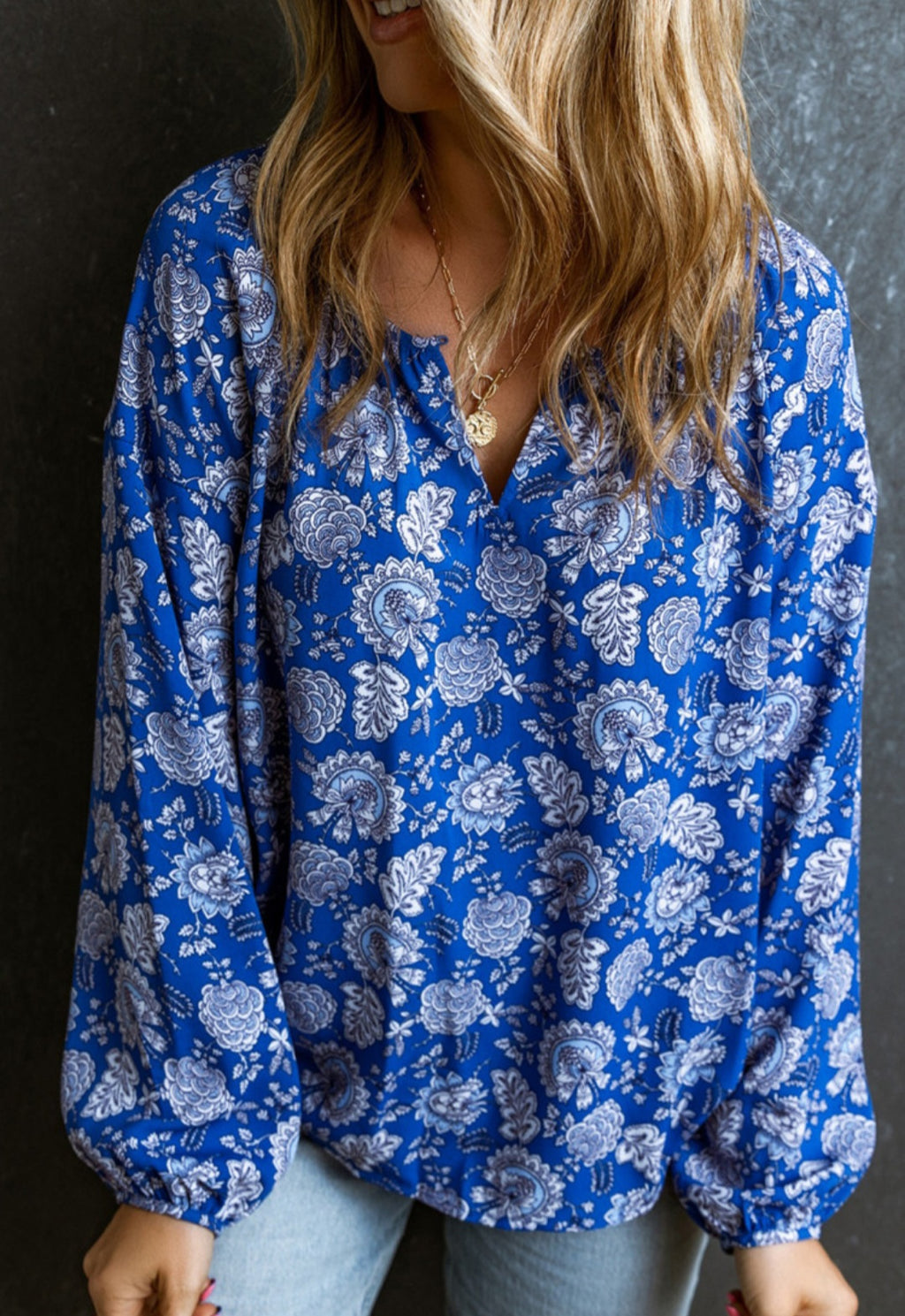 Blue Floral Notched Neck Top