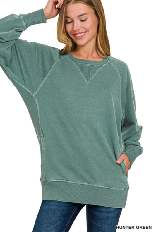 Mineral Wash Zenana Pocket Pullover Hunter Green