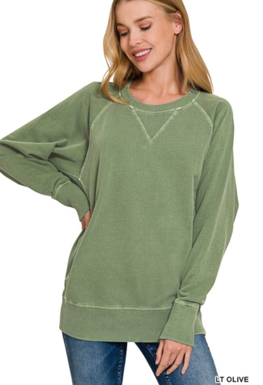 Mineral Wash Zenana Pocket Pullover Lt Olive