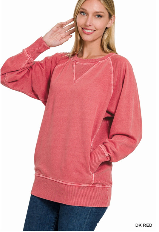 Mineral Wash Zenana Pocket Pullover Red