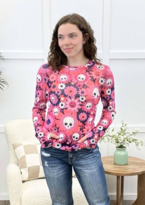 Shirley Mesh Top Pink Skulls