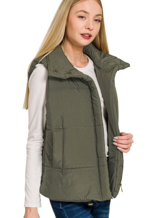 High Neck Puffer Vest Olive