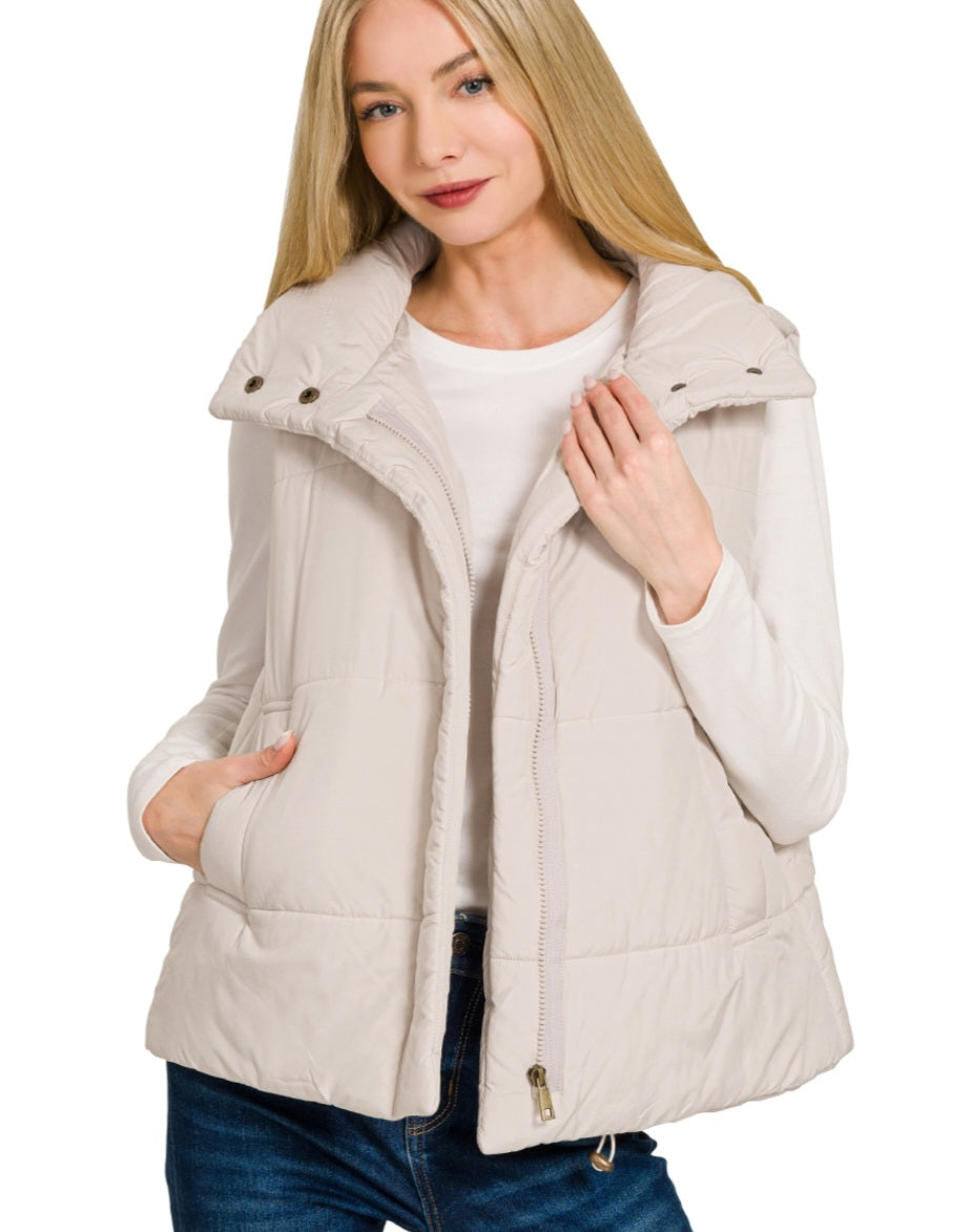 High Neck Puffer Vest Beige