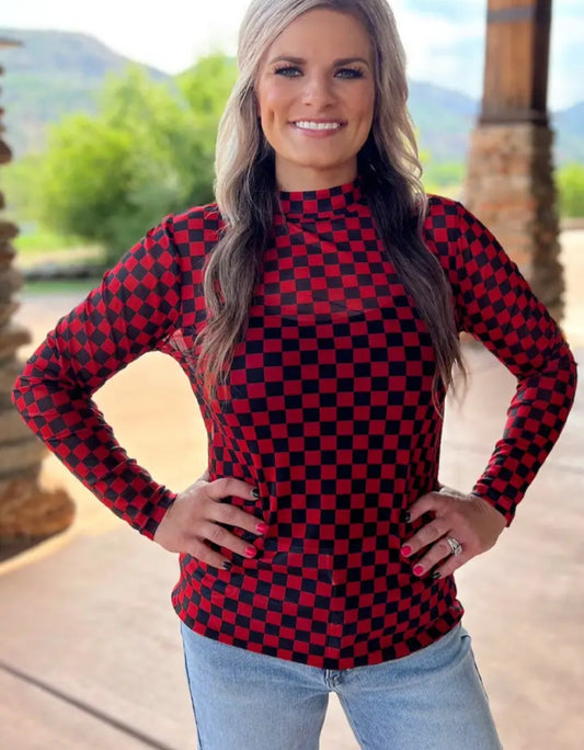 Sterling Kreek Red/Black Checked Mesh Top