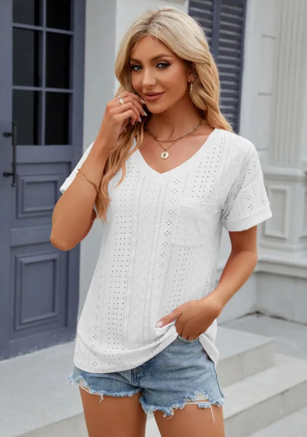 Everyday V-Neck Eyelet Top White