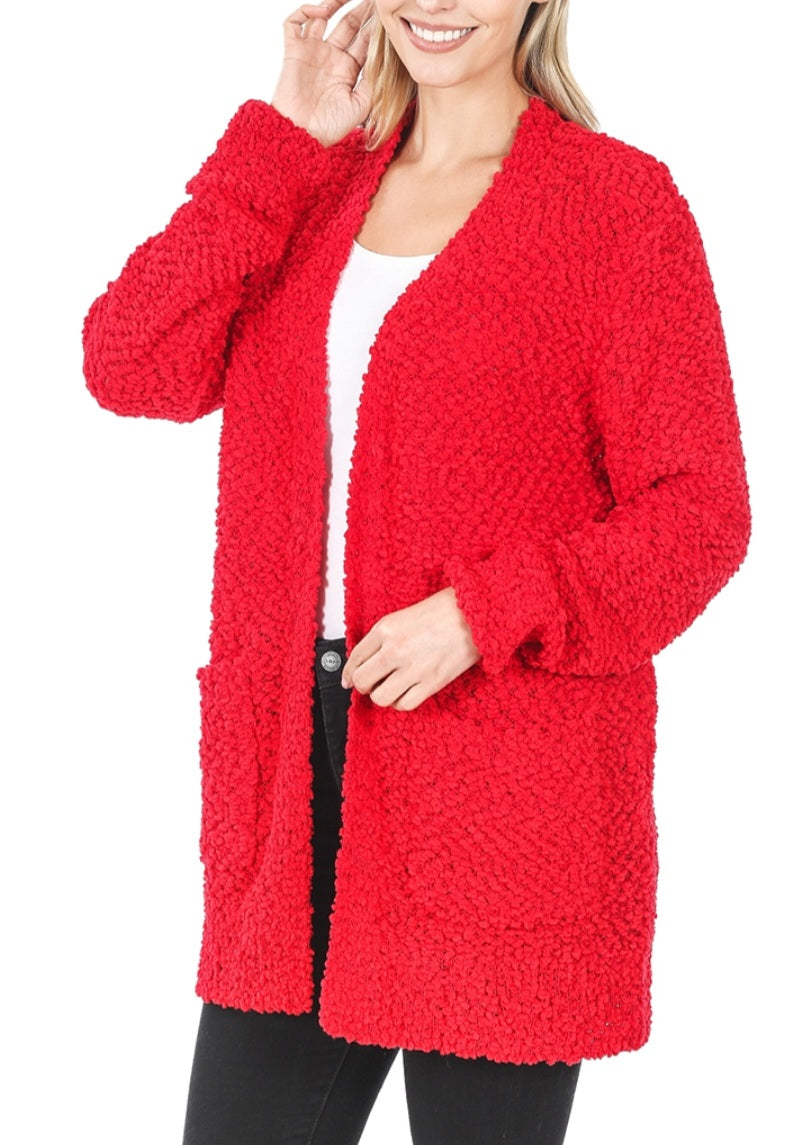 Red Popcorn Cardigan with Pockets