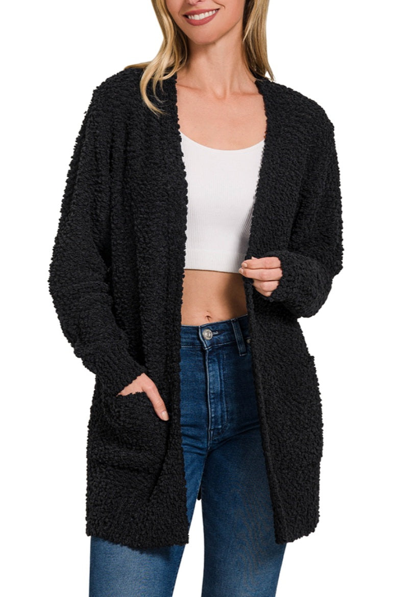 Black Popcorn Cardigan with Pockets