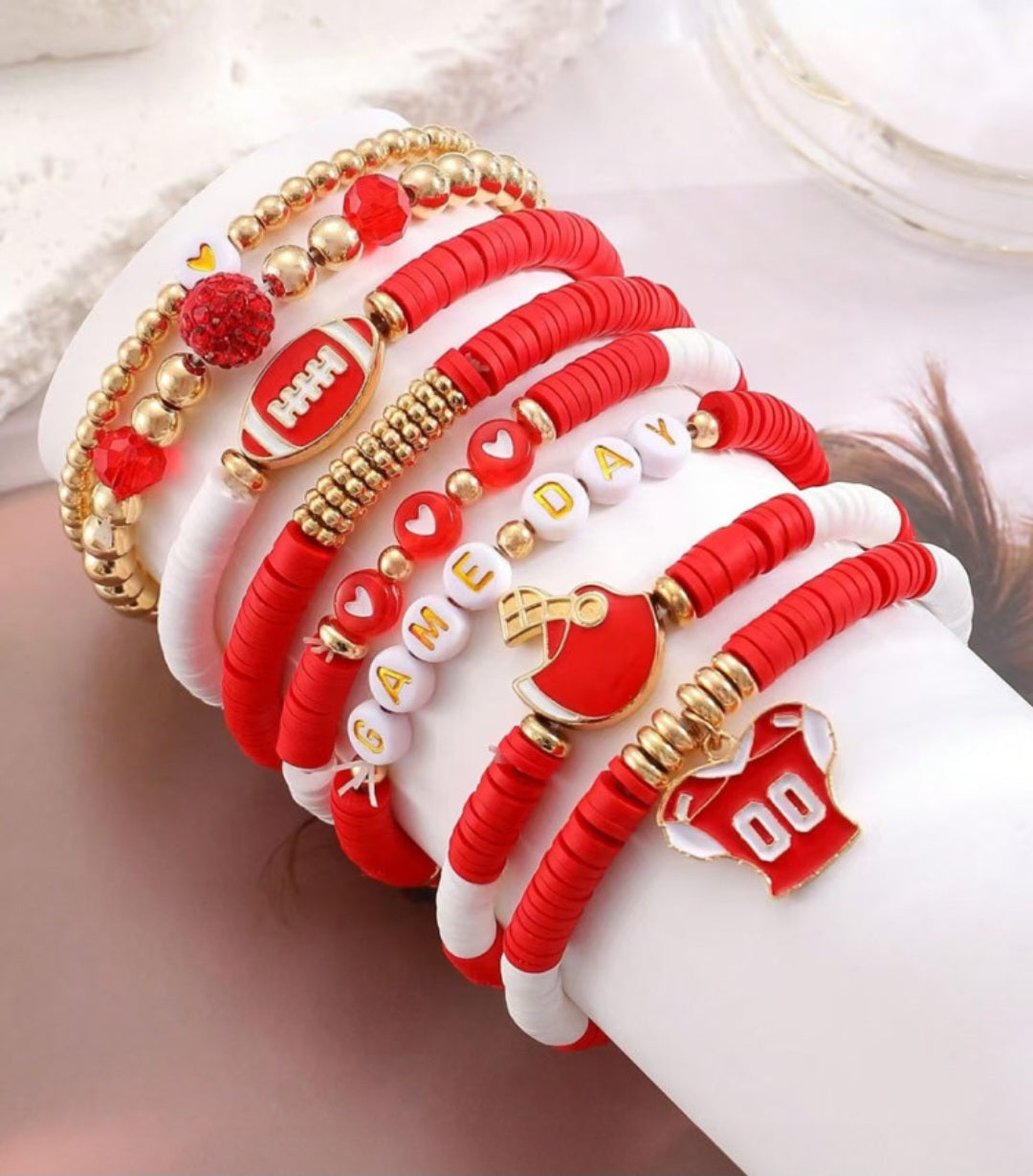 8 pc Red Football Bracelet Stack