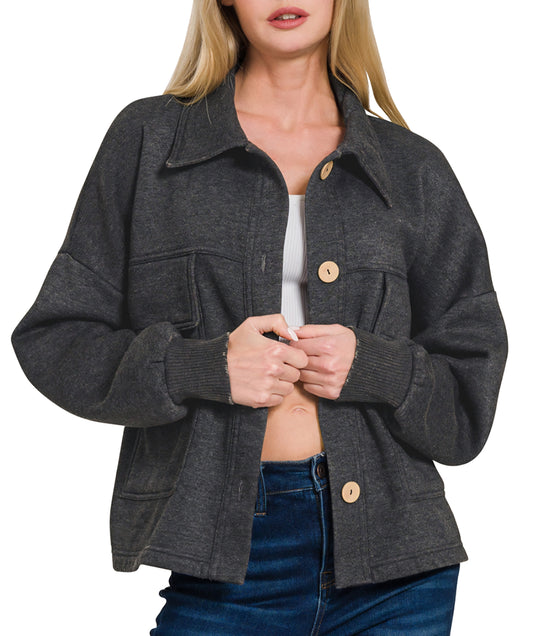Acid Washed Fleece Button Cardigan Black
