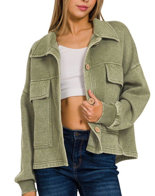 Acid Washed Fleece Button Cardigan Olive